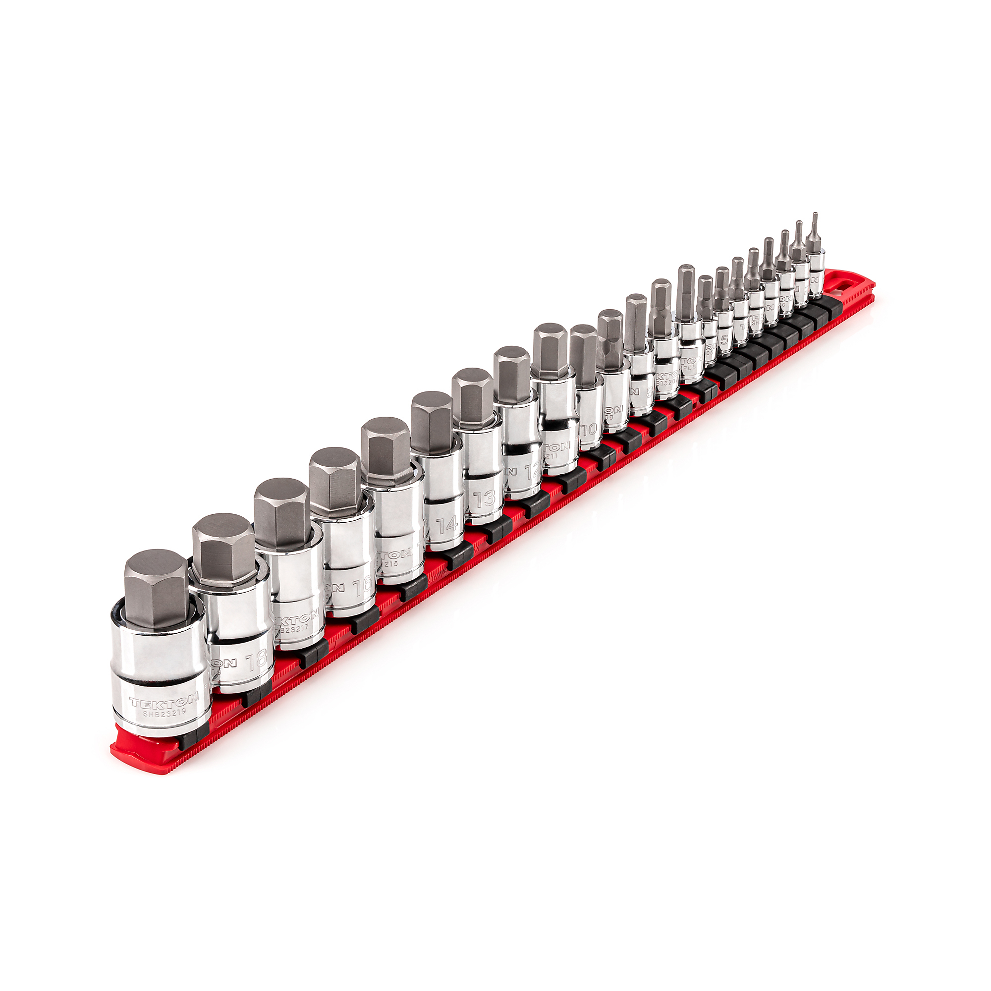 TEKTON 1/4, 3/8, 1/2 Inch Drive Hex Bit Socket Set with Rail, 22-Piece (2 - 19 mm) | SHB99102